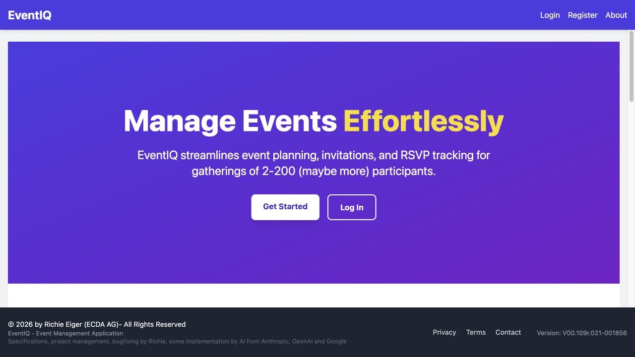 Screenshot of the EventIQ work-in-progress landing page